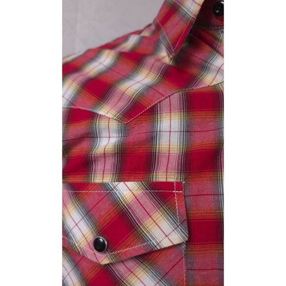 Cowboy Hardware Mens Medium Red Plaid Embroidered Steer Skull Pearl Snap Shirt - Picture 5 of 12